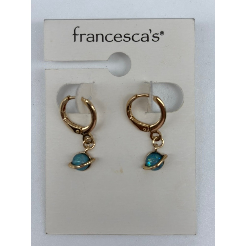 Francesca's Saturnopal Earrings Gold Blue Iridescent Celestial Huggie